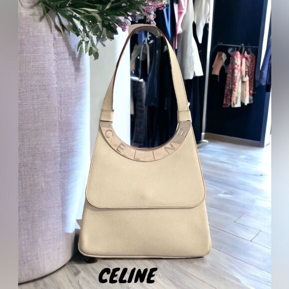 CELINE OFF WHITE LEATHER SHOULDER HOBO TOTE HAND BAG - Picture 2 of 12